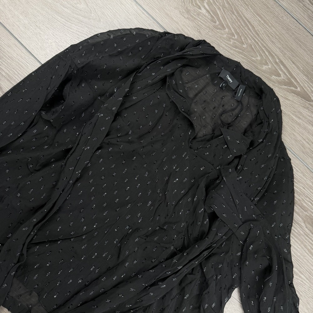 Theory Women's Sheer Metallic‎ Silk Scarf Tie Neck Blouse Black Small